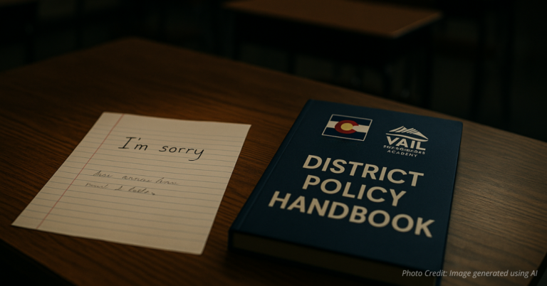Apology note beside school policy book on teacher’s desk