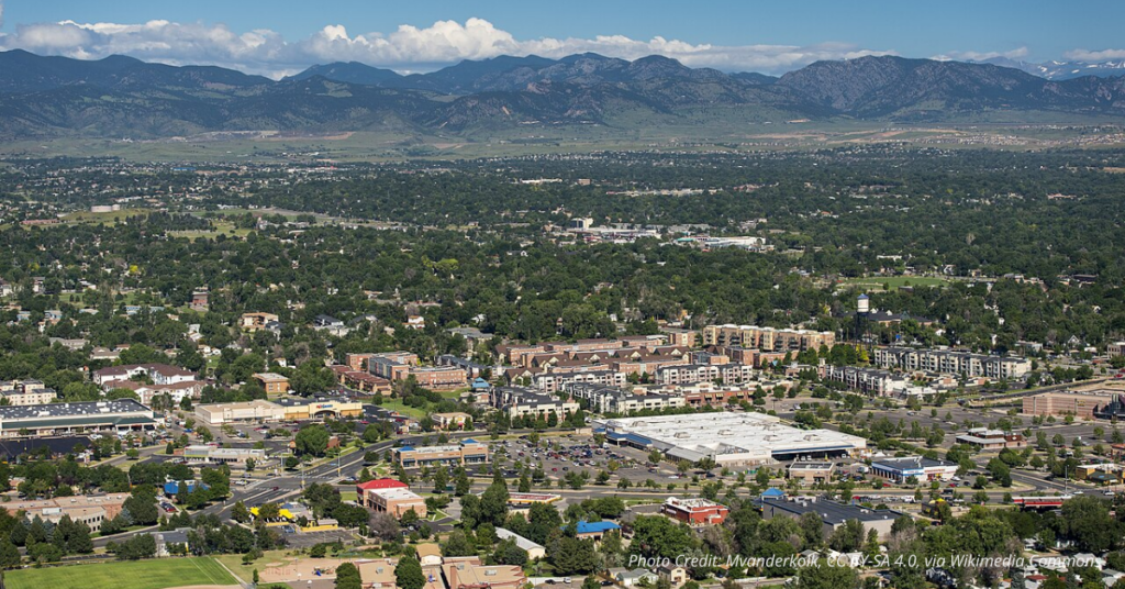 Aerial view of Arvada Colorado with mountains in background