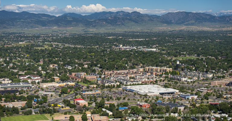 Aerial view of Arvada Colorado with mountains in background