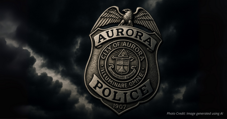 Aurora police badge with stormy sky backdrop