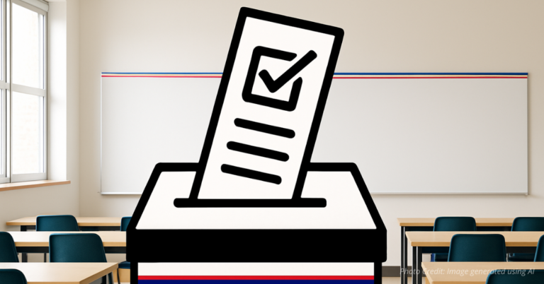 Ballot silhouette over classroom linking election decisions to school results
