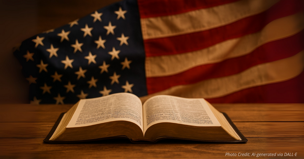 Open Bible with American flag in background