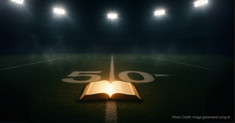 Bible glowing on a football field as the playbook of truth