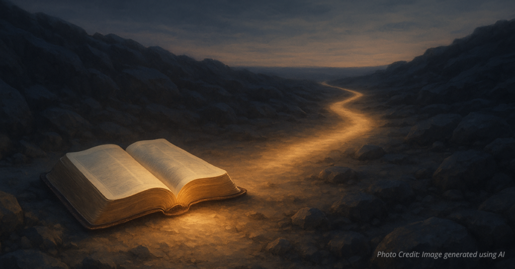 Open Bible casting a path of light across rugged ground