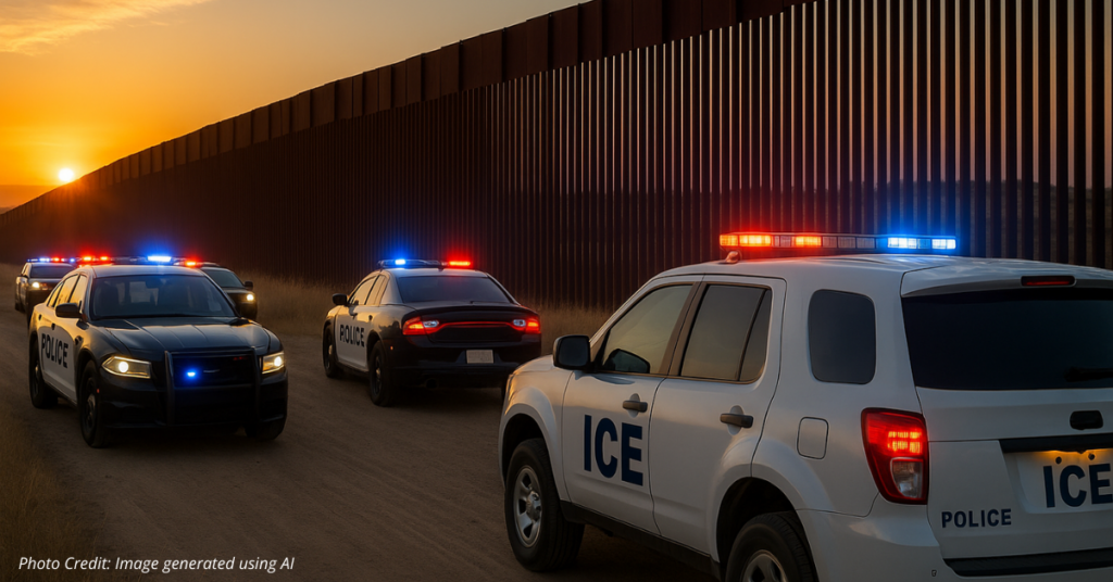 Police and ICE vehicles at border fence during sunset