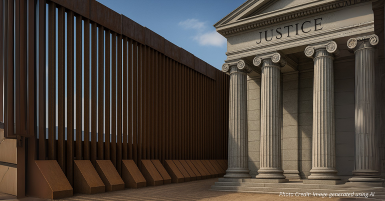 Border wall merging into courthouse columns symbolizing immigration and justice conflict