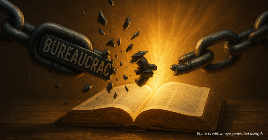 Broken chains in front of Bible symbolizing freedom through faith