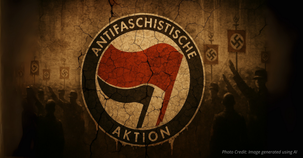 A cracked Antifa flag over Nazi rally crowd backdrop