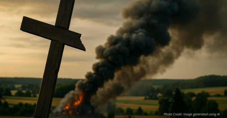 Cracked cross with smoke symbolizing religious violence