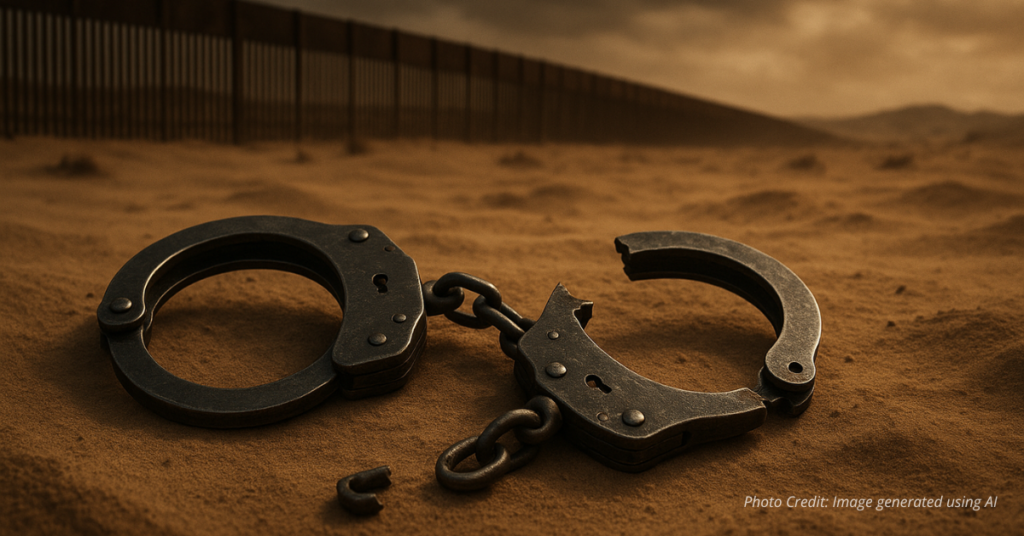 Broken handcuffs in desert symbolizing repeat illegal reentry cases