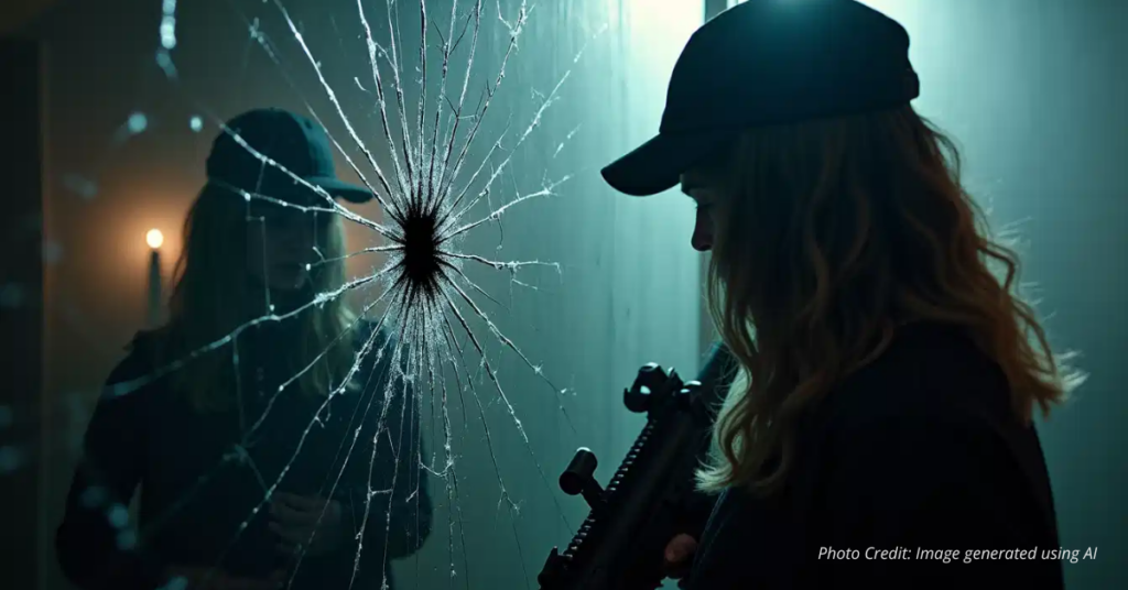 Cracked mirror with silhouette holding rifle