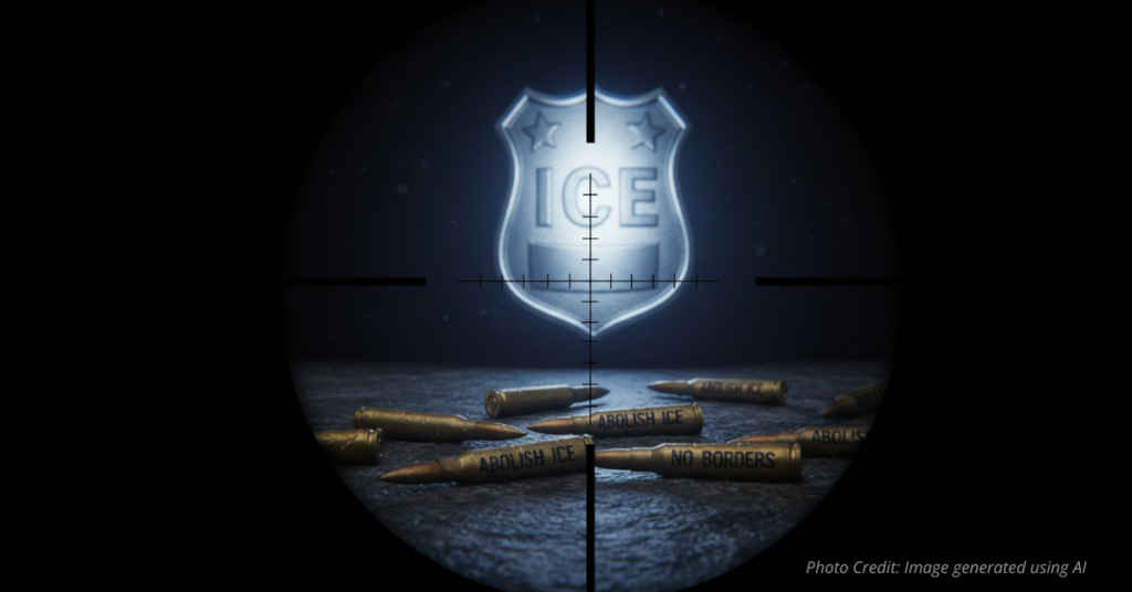 Bullet casings engraved with political slogans seen through a scope targeted on an ice badge.