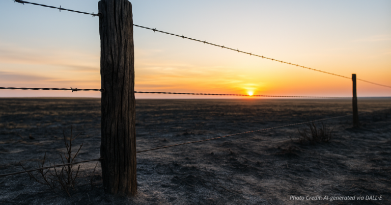 Burned fence post in Colorado field with sunrise symbolizing wildfire loss and hope