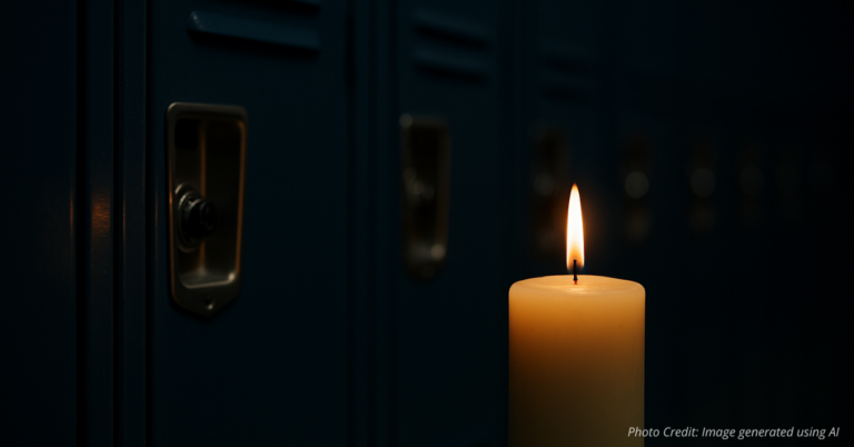 Candle burning in front of school lockers symbolizing grief and remembrance