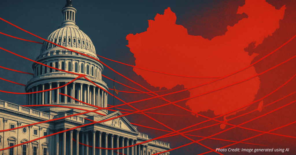 U.S. Capitol entangled with red strings leading to China