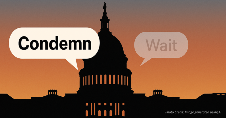 Capitol with ‘Condemn’ and ‘Wait’ bubbles, indicating partisan split on violence