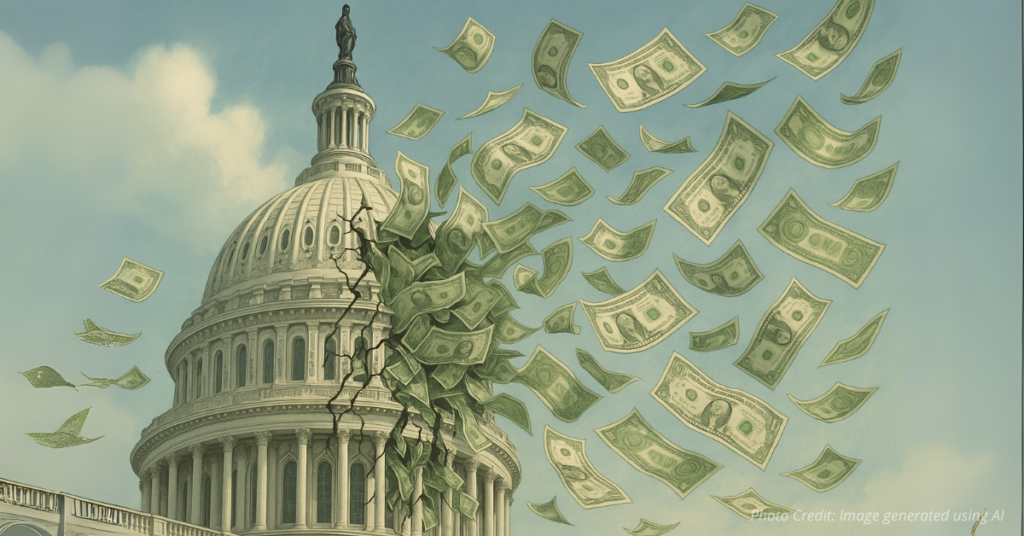 Capitol dome leaking money symbolizing government waste