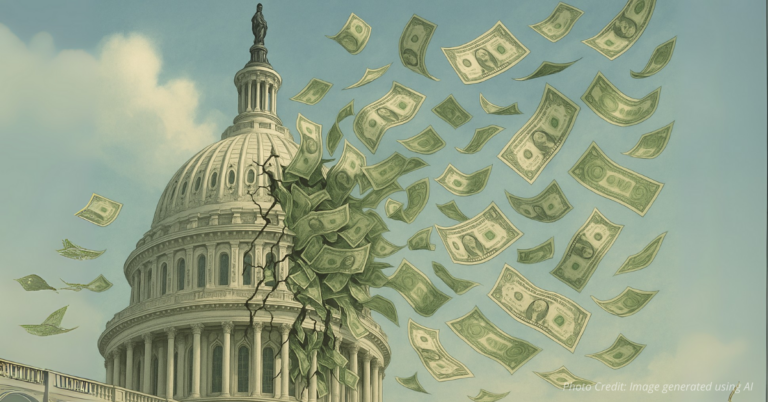 Capitol dome leaking money symbolizing government waste