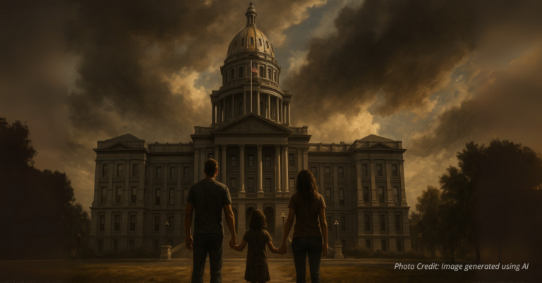 Colorado Capitol casting shadow over parents and child