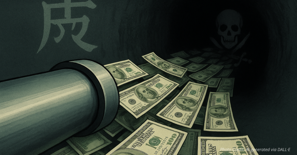U.S. dollars flowing into tunnel with Chinese and cartel symbols