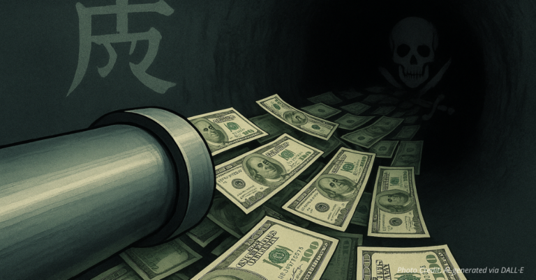 U.S. dollars flowing into tunnel with Chinese and cartel symbols