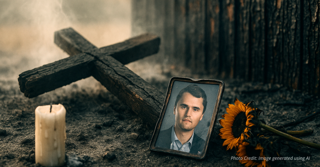 Charred cross and burned tribute items with scorched fence at Loveland memorial