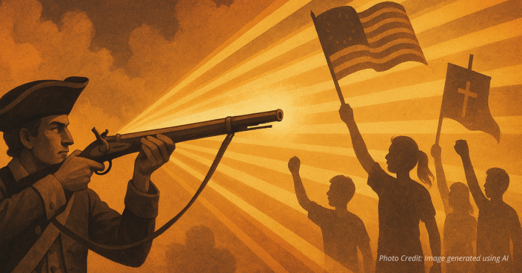 Musket shot turning into light over youth raising flags of faith