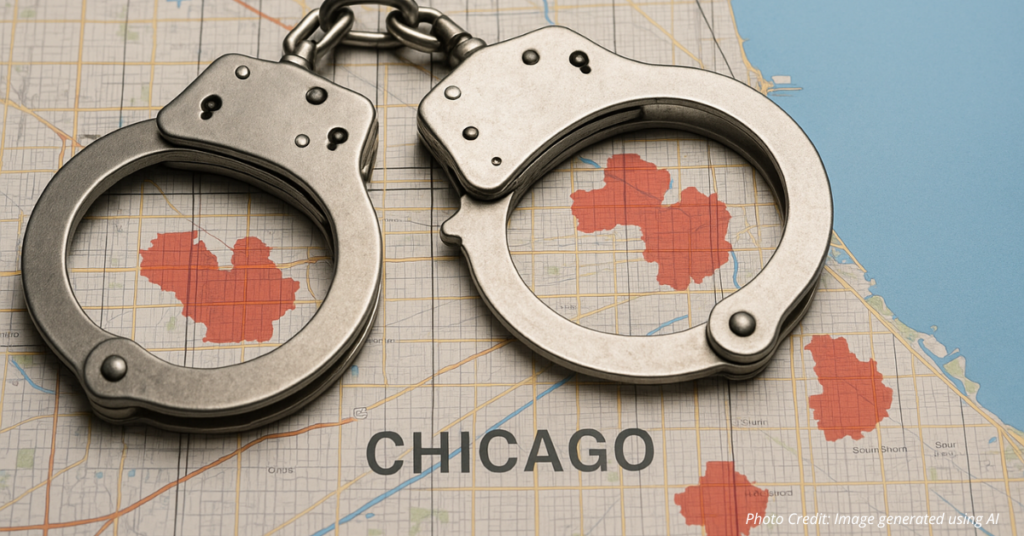 Handcuffs on Chicago map highlighting crime crackdown