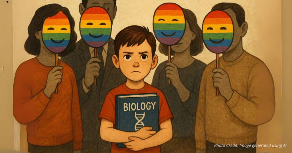 Child with science book surrounded by rainbow masks symbolizing ideology pressure