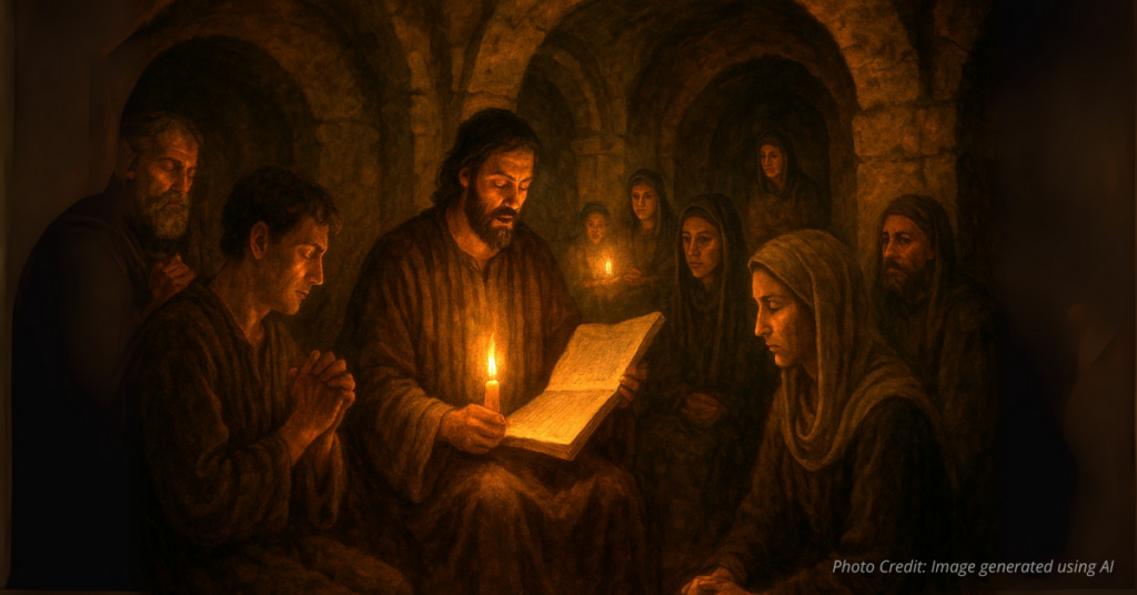 Early Christians gather in Roman catacombs with candlelight