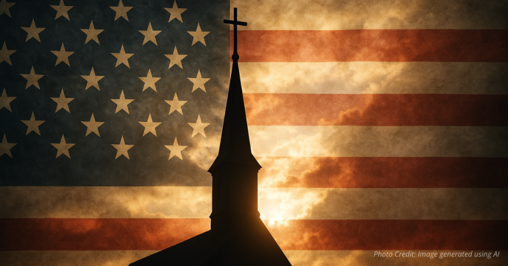 Church steeple silhouette against American flag