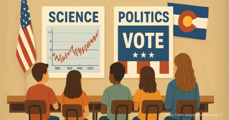 Students face posters of science chart and political sign