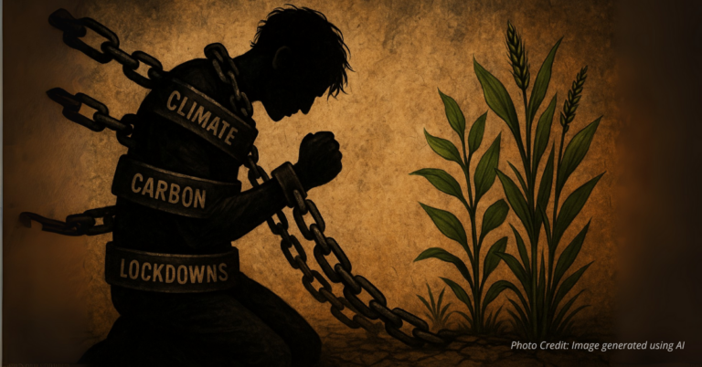 Person shackled by climate emergency chains beside free plants