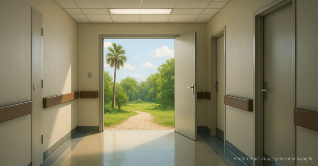 Open doorway from clinic to sunlight symbolizing policy openness