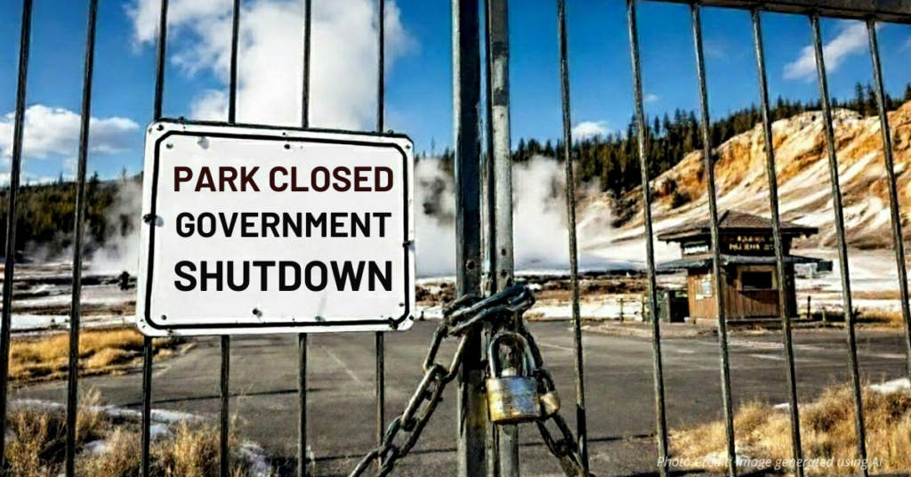 National park gate closed with shutdown sign