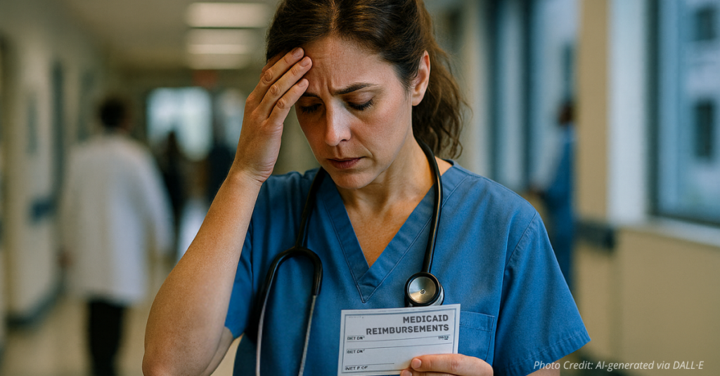 Doctor in scrubs holding reduced Medicaid reimbursement paycheck