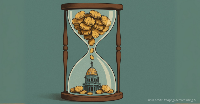 Hourglass with coins running out over Colorado Capitol symbolizing budget crisis