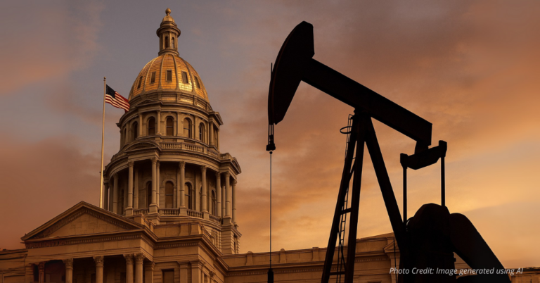 Colorado State Capitol blended with oil pumpjack silhouette