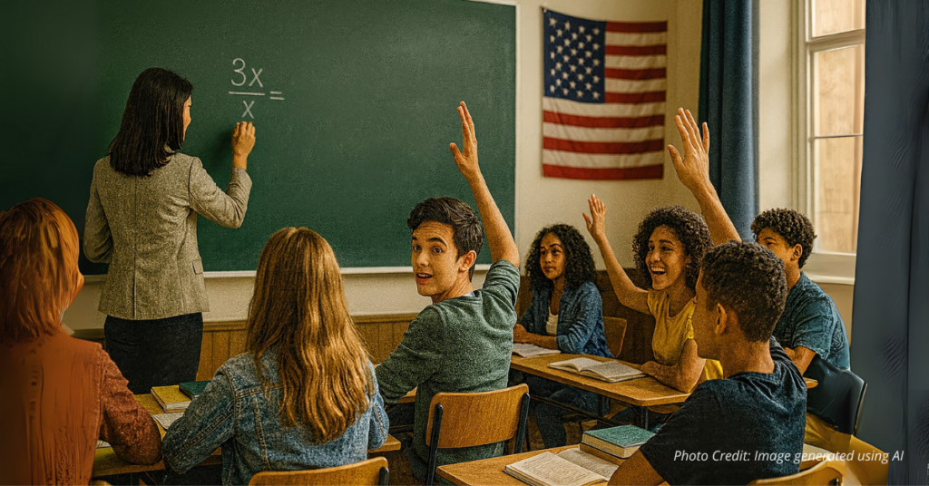 Teacher writes math problem as students raise hands in classroom with American flag