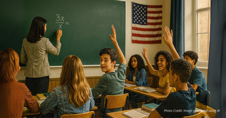 Teacher writes math problem as students raise hands in classroom with American flag