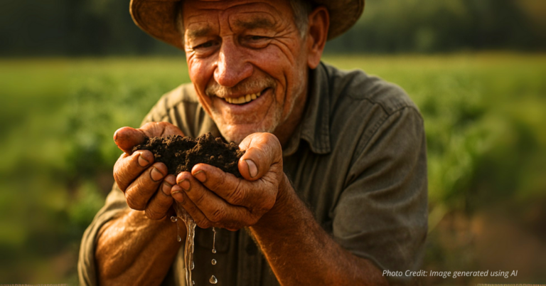 Farmer’s hands holding damp soil with water trickling through
