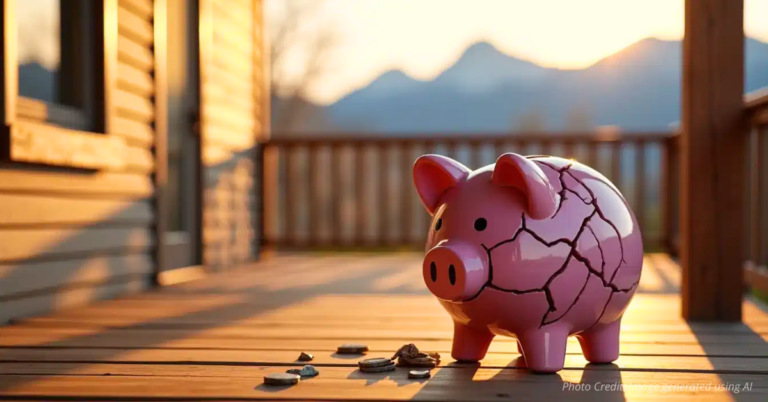 Cracked piggy bank on porch of Colorado house at sunset