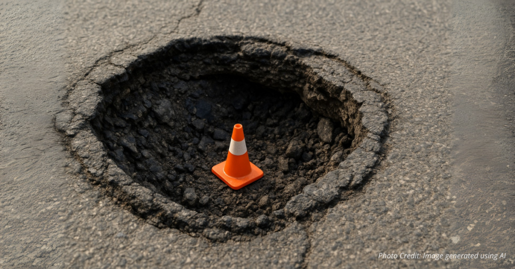 Huge pothole with tiny traffic cone inside