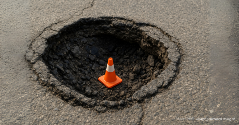 Huge pothole with tiny traffic cone inside