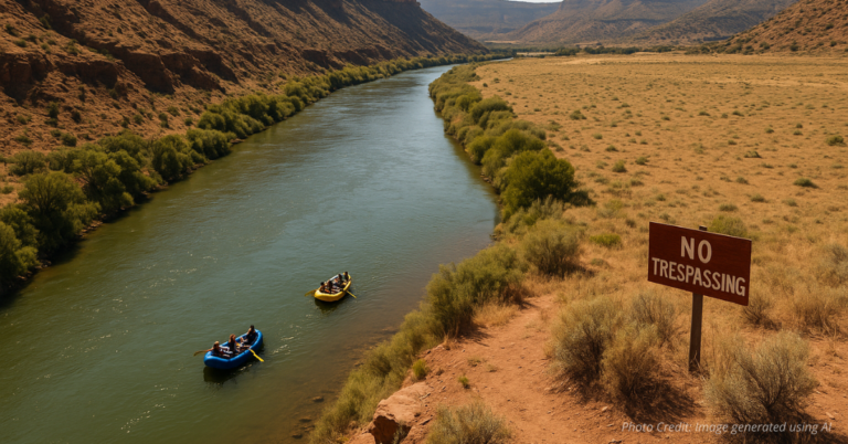 Colorado river rafters float past private land marked by a no trespassing sign