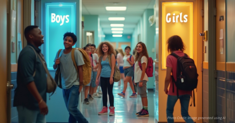 Boys and Girls restroom doors glowing in a school hallway