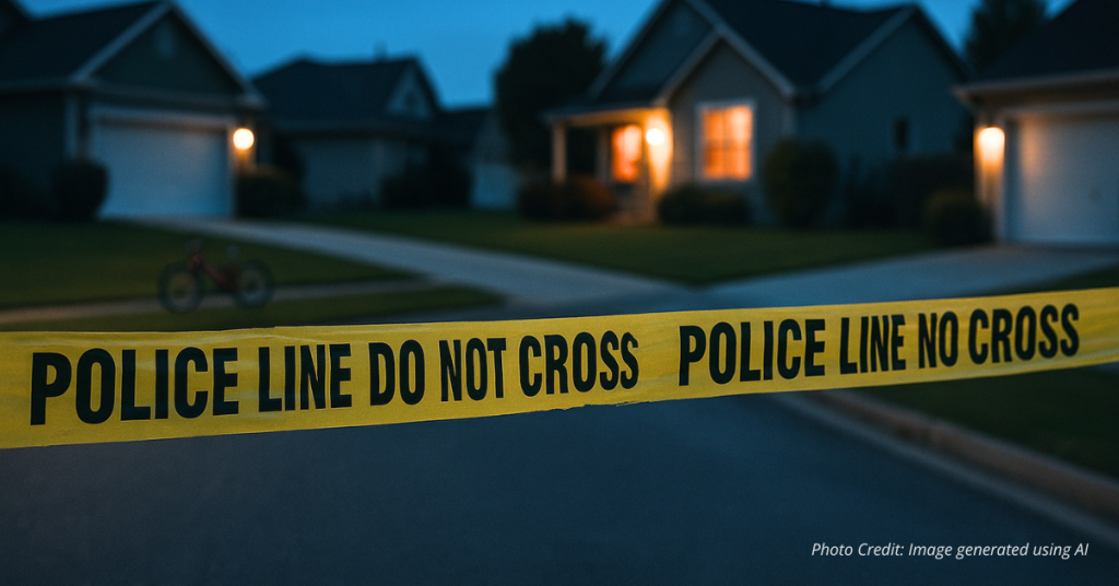 Crime scene tape across suburban street in Colorado Springs