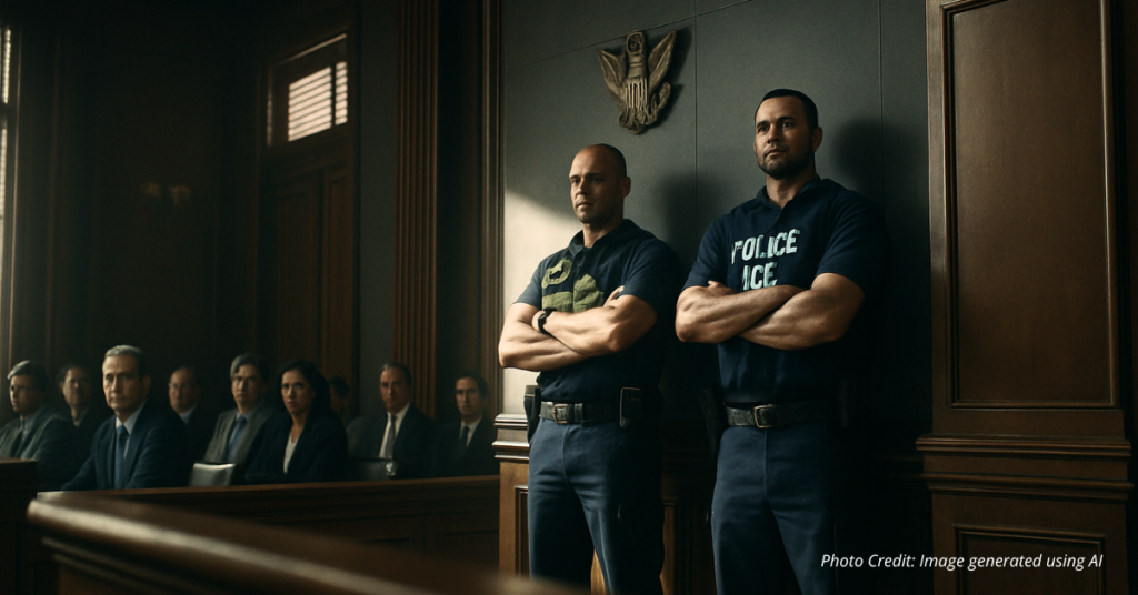 Courtroom with ICE agents in background