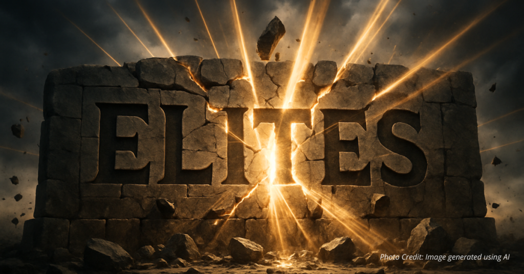 Crumbling wall of elites with light shining through