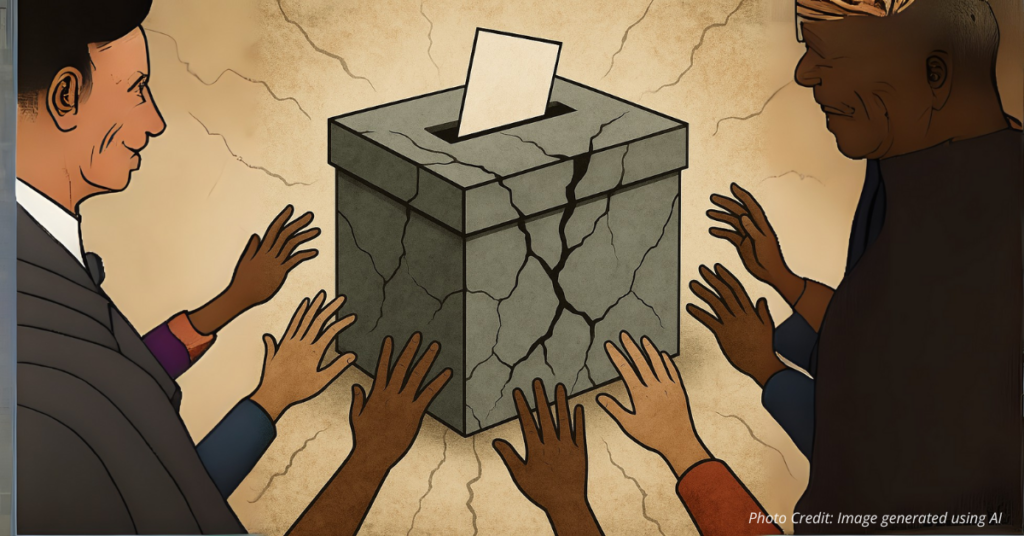 Cracked ballot box with reaching hands symbolizing threats to election integrity